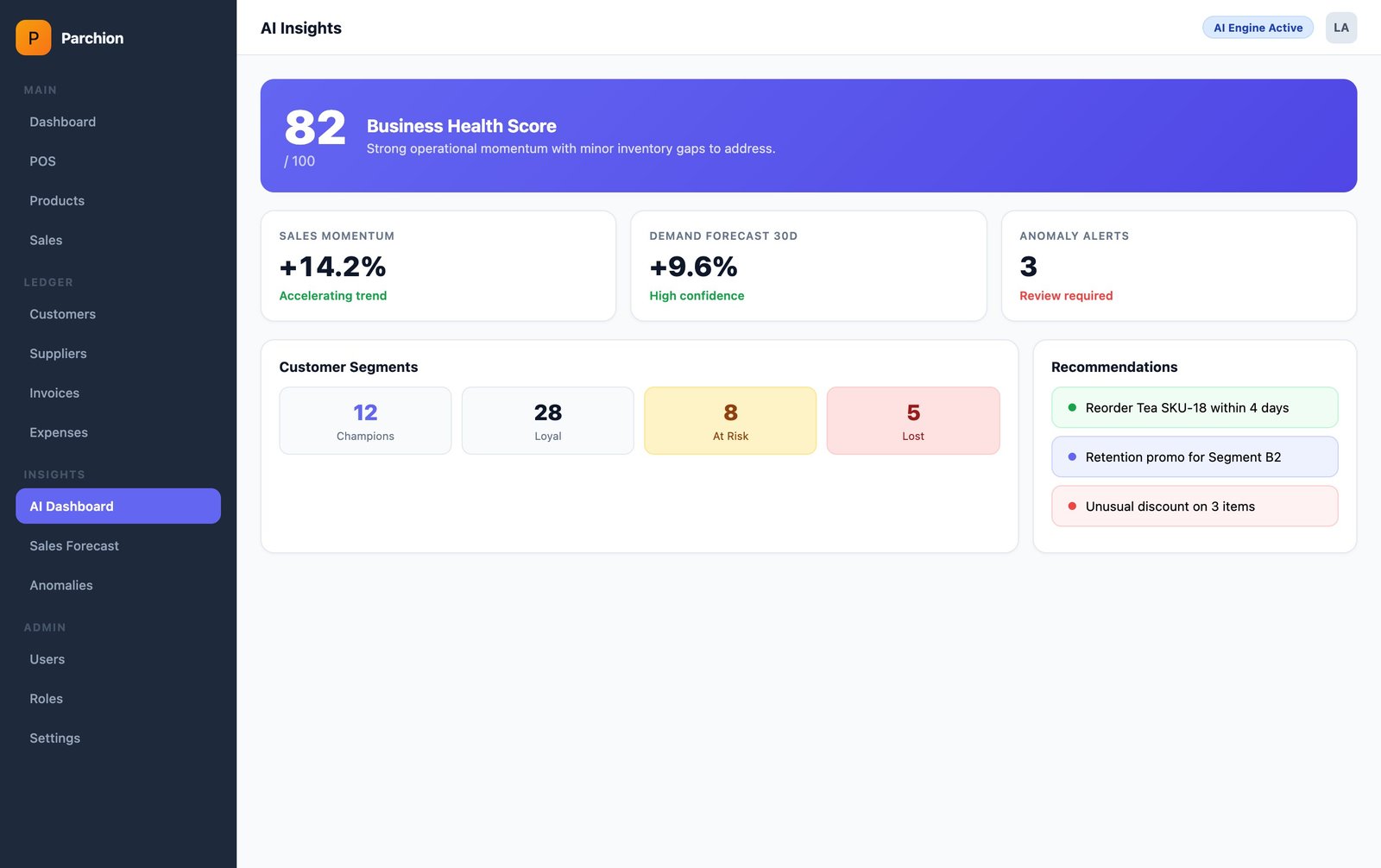 AI Insights with health score, segments and recommendations.